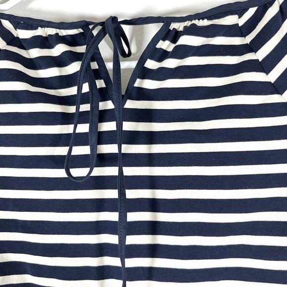 J. CREW STRIPED PEASANT TOP GATHERED NECK TIE BACK NAVY IVORY Size XS Fit S/M - Picture 8 of 10